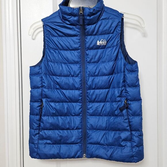 Rei Co-Op Down Vest Youth Medium Blue Puffer Quilted Hiking Full Zip Pockets EUC - Picture 1 of 9